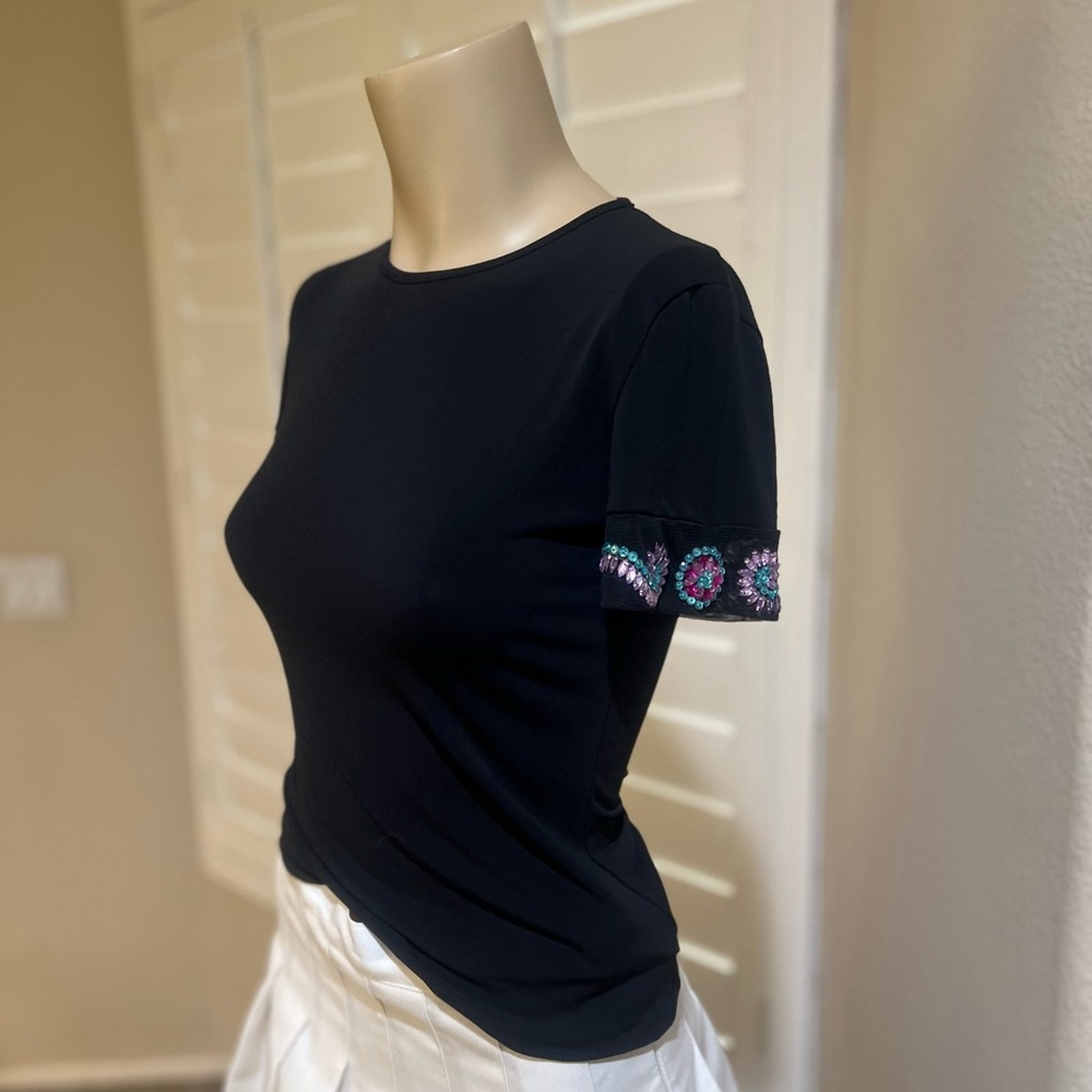 Versace Black Jersey knit Stretch Fitted Embellish Short Sleeve Blouse Top  sz S - Picture 4 of 11